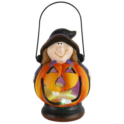 Dekorácia MagicHome Nature, Lampášik tekvica  LED, s čarodejníkom, keramika, 15 cm